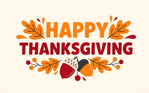 Thanksgiving typographic design with autumn leaves acorns and berries in a flat vector illustration fall holiday november celebration