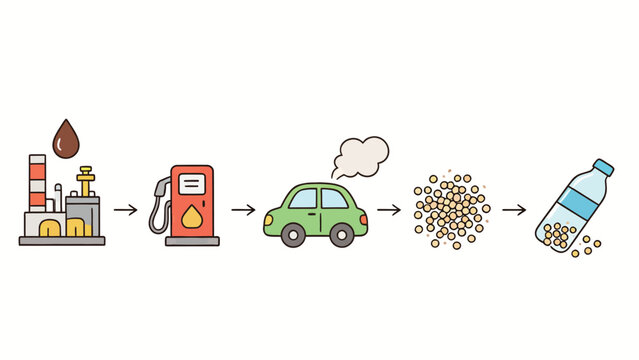 Illustration of Fossil Fuel Energy Cycle, from Oil Production and Refining, Pumping, Burning in