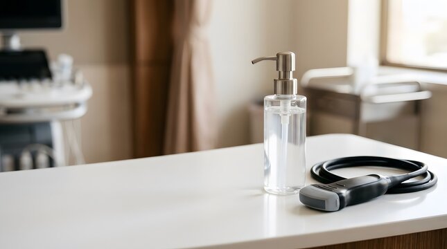 ultrasound gel dispenser with diagnostic transducer arranged on clean clinical countertop for hygienic imaging procedures and modern healthcare equipment concepts