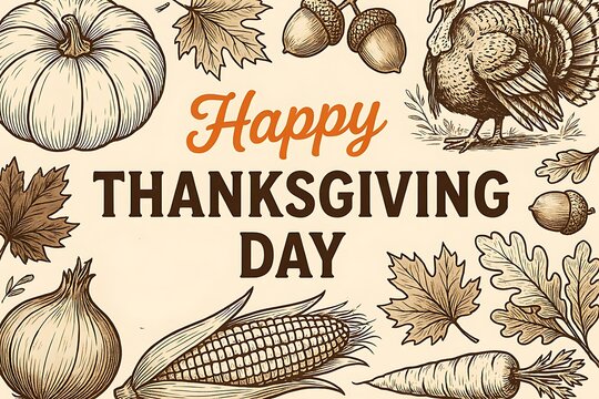Thanksgiving day illustration featuring a turkey pumpkin corn acorns and autumn leaves in a vintage style oak nuts