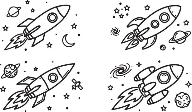 Space rocket planet galaxy comet line art vector set isolated on white background