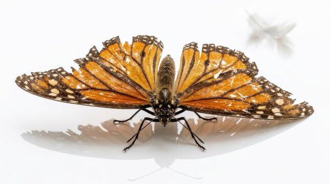 Monarch butterfly with damaged wings isolated on white background