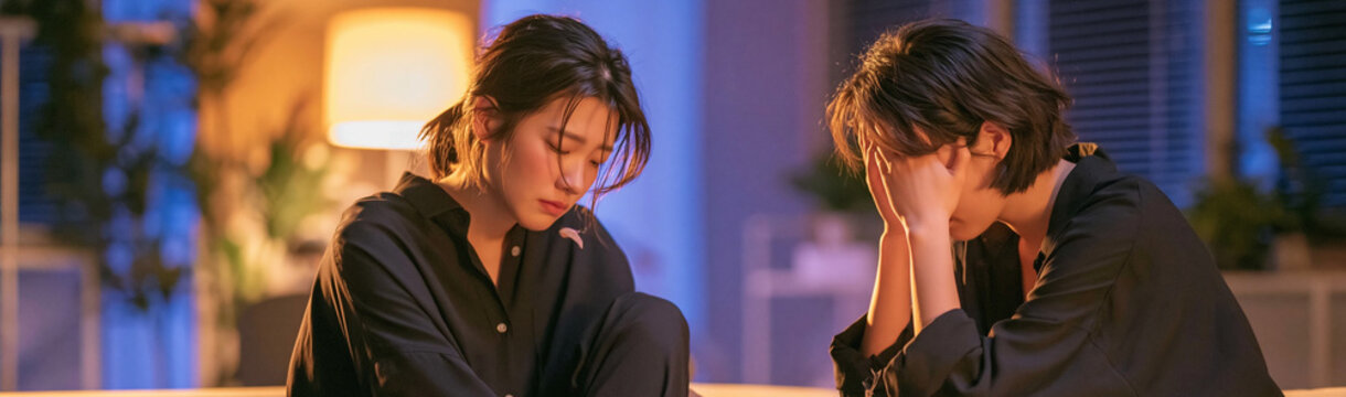 Couple in Despair: A somber moment between a young man and woman, their faces etched with worry and sadness as they sit together, bathed in the soft glow of indoor lighting.