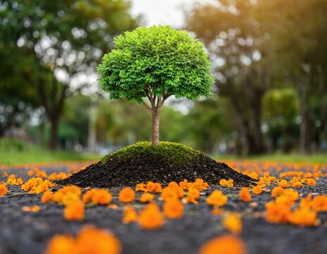 A small green tree growing from a mound of soil surrounded by scattered orange marigold flowers on a paved path
