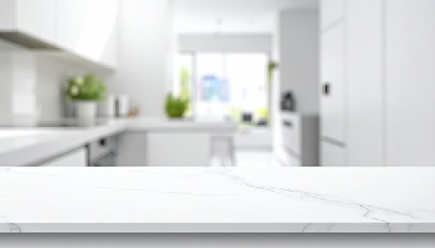 Clean white countertop on modern home kitchen background, spacious copy space, product display mockup