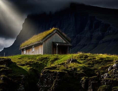 Traditional turfroofed wooden house in a dramatic mountainous landscape in the faroe islands