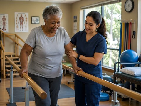 Physiotherapist Assisting Elderly Woman with Walking Rehabilitation Using Parallel Bars
