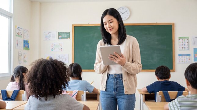 Female teacher with tablet instructs students in classroom, blackboard and educational materials visible in the background