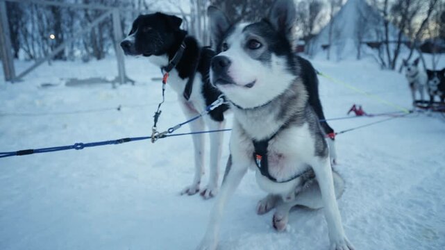 Harnessed sled dogs resting on snowy trail while awaiting Arctic journey in Norway