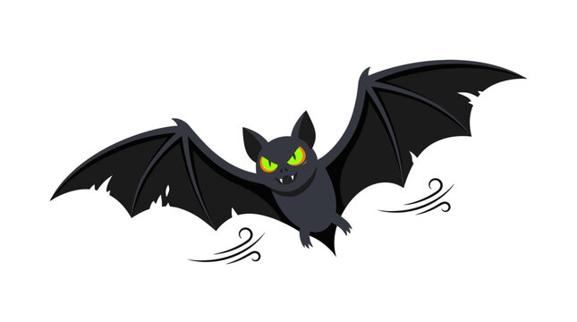 Spooky Halloween bat character with glowing green eyes, flying vampire bat vector illustration, dark black winged animal for seasonal party decor