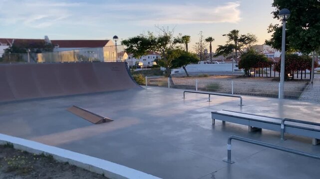 Skatepark features including a half pipe, rails, and ramps, bathed in the soft light of golden hour, ready for action