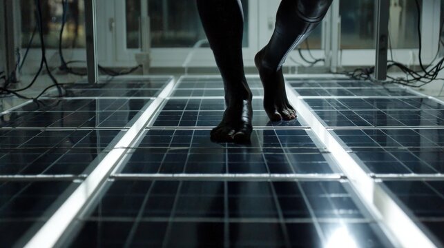 Bare feet generating kinetic energy on advanced floor tiles, powering the future of sustainable energy solutions.