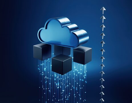 3d render of a blue cloud icon with data cubes and digital light streams representing cloud computing and data storage