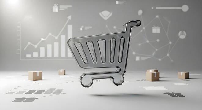 Minimalist shopping cart icon placed on a digital background with abstract charts and boxes symbolizing analytics and logistics.