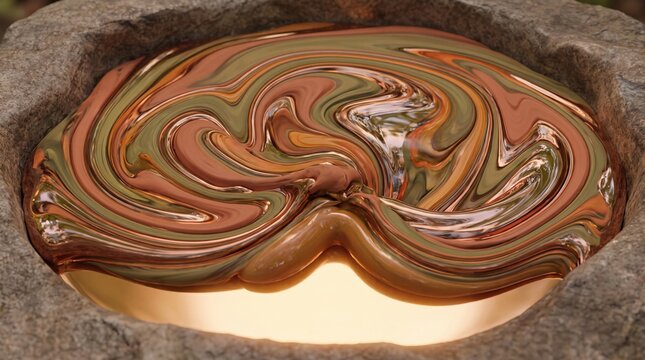 Swirling molten metal inside rustic stone bowl with glowing core displaying liquid copper viscosity.