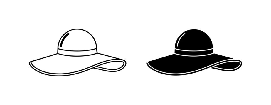Wide Brim Sun Hats, Summer Fashion Accessories, Black and White Vector Icons