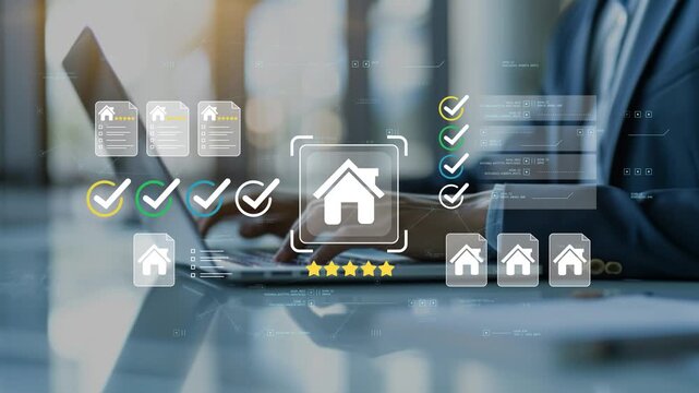 Business professional in modern office using laptop with animated house icon, property documentation, housing checklist and digital real estate workflow management