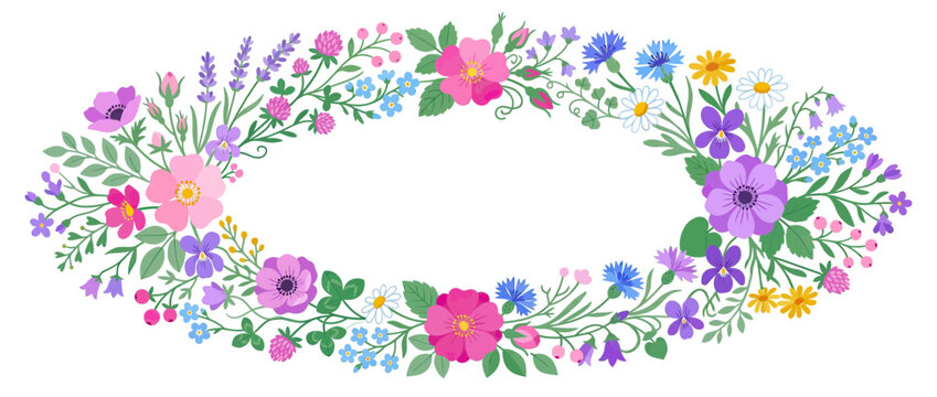 Oval floral frame with colorful wildflowers and green leaves