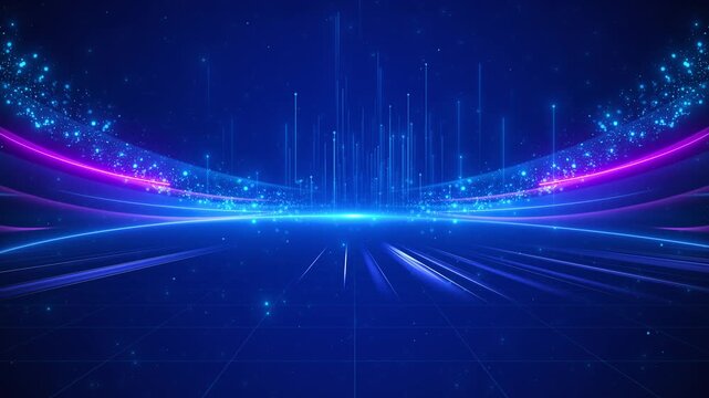 Blue futuristic stage neon magenta waves, glowing grid, and rising digital particles. tech events, cyber intros, music shows, product promos, virtual presentations, and energetic video backdrops.