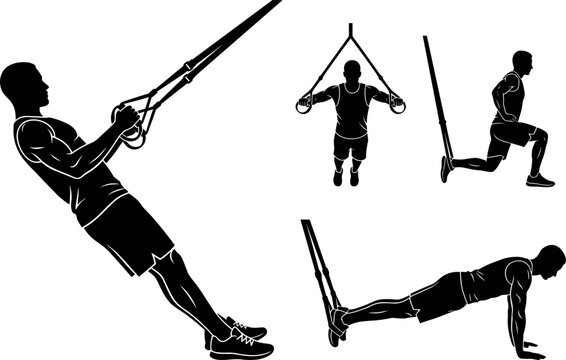 Suspension Training Workout Vector Silhouette Set Featuring Incline Row Chest Fly Lunge and Plank Bodyweight Exercises for Home Gym Fitness Graphic Designs