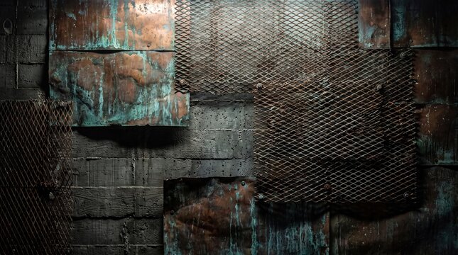 Industrial weathered wall with oxidized copper sheets and rusted metal mesh on dark concrete blocks.