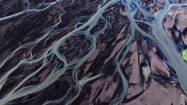 Tendrils of braided river system from glacial meltwater, Iceland. Abstract drone