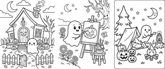 Fototapeta premium Cute Halloween coloring pages for kids. Ghost characters in spooky fun autumn scenes.