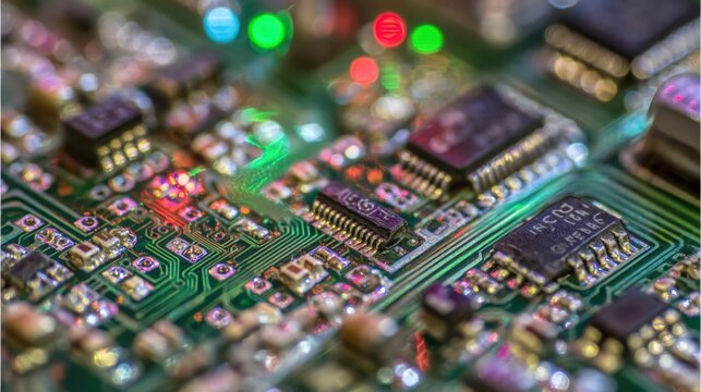 Close-up intricate circuitry details on a green electronic circuit board with blurred bokeh lights