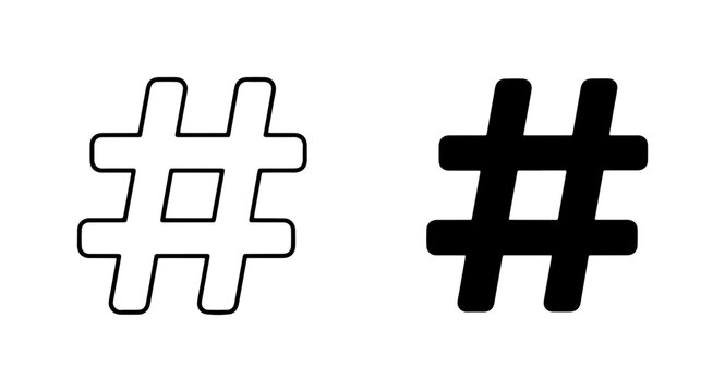 Hashtag Icons: Outline and Solid Black Symbols for Social Media, Digital Marketing, and Online Trends