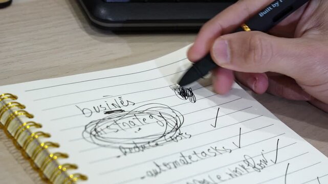 Close up shot of a frustrated male hand aggressively scribbling out a handwritten business strategy in a spiral notebook. The black pen scratches over notes on a wooden desk in a modern office setup.