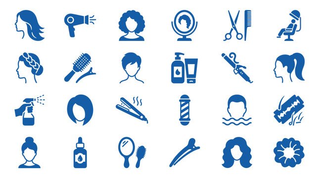 Collection of blue professional beauty salon and hairstyle icons representing hair care tools and services for salons and personal grooming
