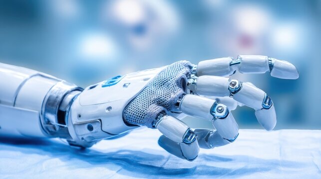 Close-up of a detailed articulated robotic manipulator finger with textured grip in a technological setting