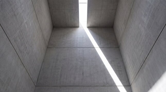 Minimalist concrete room interior with narrow skylight casting sharp bright beam of light on wall.