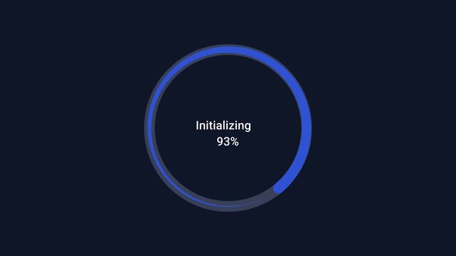 Minimal animated circular progress ring displaying initializing status and percentage on a dark background. Modern motion graphic for system startup, software initialization, loading, and technology i