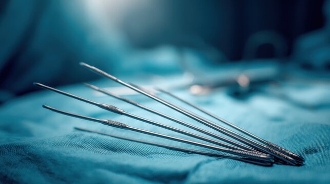 Close-up of sterile surgical instruments arranged on a blue medical cloth, ready for operation
