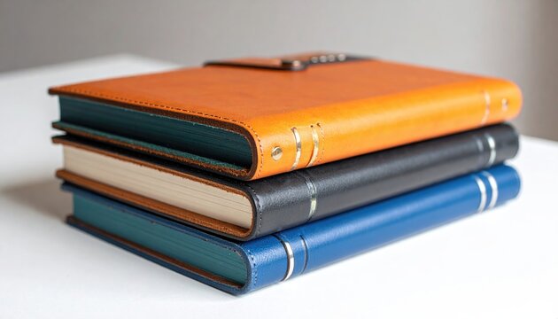 Stacked journals in orange, black, and blue, with gold accents, resting on a clean, white surface