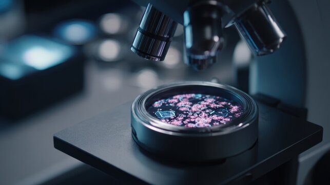 Close-up view of scientific microscope with colorful petri dish sample under examination