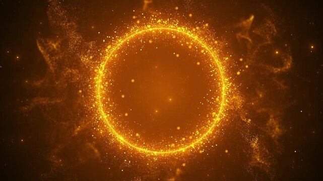 Golden circular frame background bright particle ring, smoky amber haze, glowing center space. luxury titles, award intros, logo reveals, elegant invitations, festive overlays, premium backgrounds.