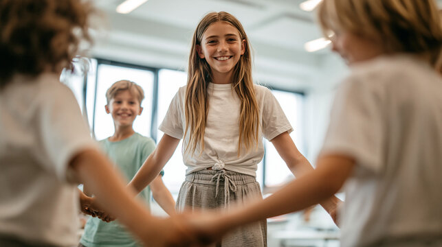 Children's Circle of Joy: A group of happy, smiling children form a circle, holding hands and playing together, radiating pure childhood happiness and camaraderie.
