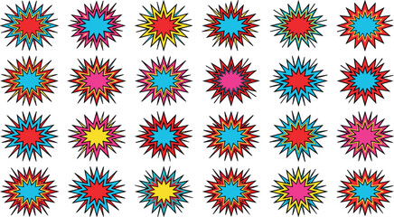 Retro Comic Book Explosion Splash and Starburst Sticker Set for Pop Art Layouts, Advertising Badges, and Text Background Designs © MstSuraiya
