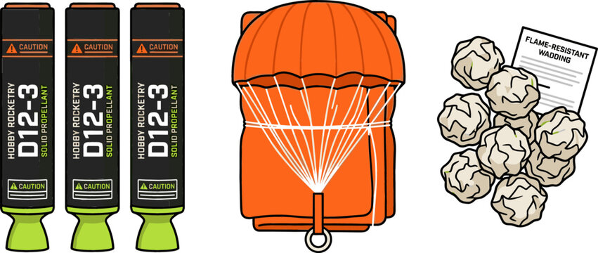 Model Rocket Supplies Vector Illustration Set Featuring D12 Three Engine Motors, Orange Recovery Parachute System, and Flame Resistant Protection Wadding Paper