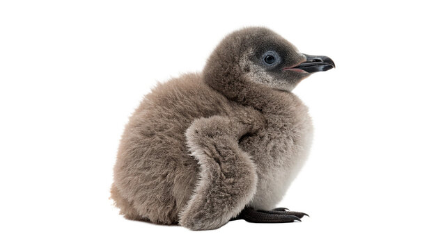 Small fluffy dark wild baby bird chick standing isolated on transparent background