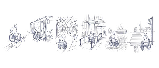 Obraz premium Wheelchair Accessibility Vector Line Art Illustration set showing disabled people navigating barrier-free urban environments, accessible ramps, public transport, and tactile paving crosswalk paths.