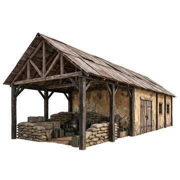 Rustic wooden military outpost shed isolated on transparent background