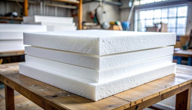 A stack of white foam sheets sits on a worn wooden surface in a bright, industrial-like space