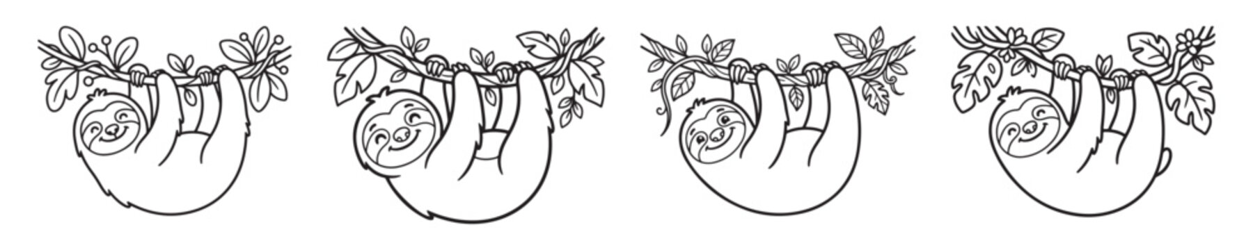 Sloth coloring page set with 4 cute cartoon sloths hanging on tree branches, black and white line art vector illustrations for kids activity books