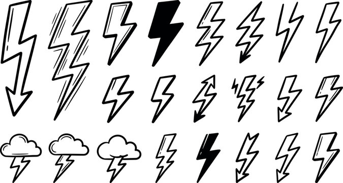 Hand Drawn Lightning Bolt and Storm Cloud Icon Set for Weather Apps, Comic Book Layouts, and Power Energy Designs