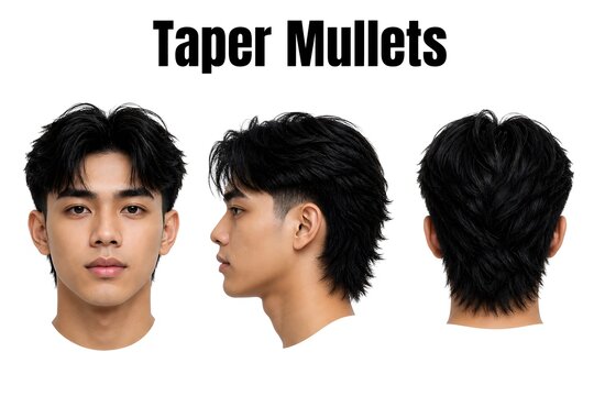 Front, side, and back views of a men's modern taper mullet haircut