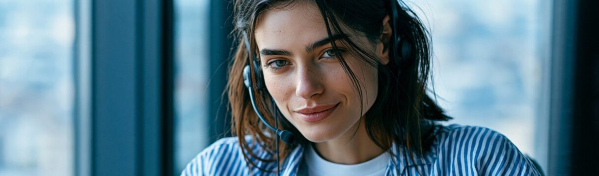 Customer Service Representative with Headset: A friendly female customer service representative with a headset on, looking attentively at her computer screen.