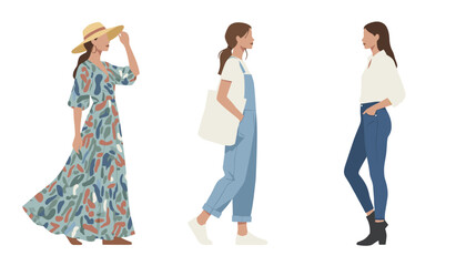Naklejka premium Three stylish women showcase contemporary fashion trends wearing dresses, overalls, and trendy casual clothing.